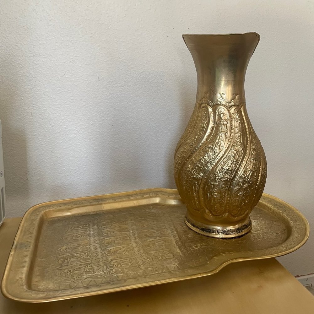 Vintage Antique Middle Eastern Iranian Persian Serving Tray with 3D Design